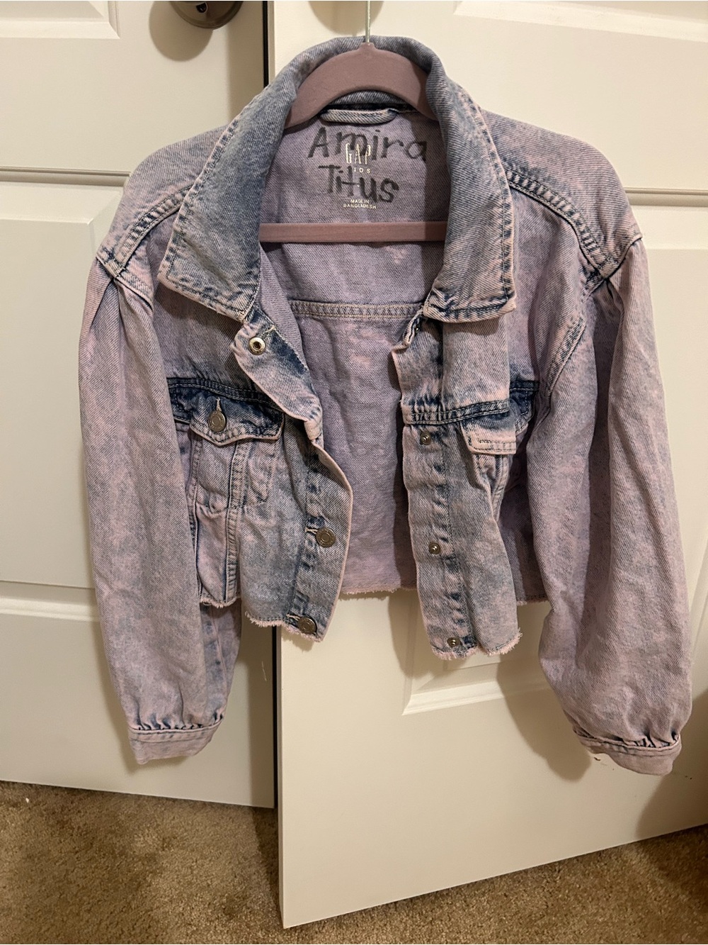 GAP Kids Pink and Light Blue Acid-Wash Cropped Jean Jacket
